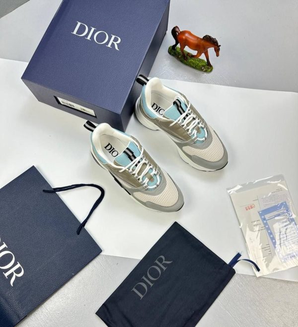 Dior B22 White & Silver Tone Technical Mesh With Light Blue Calfskin Sneakers