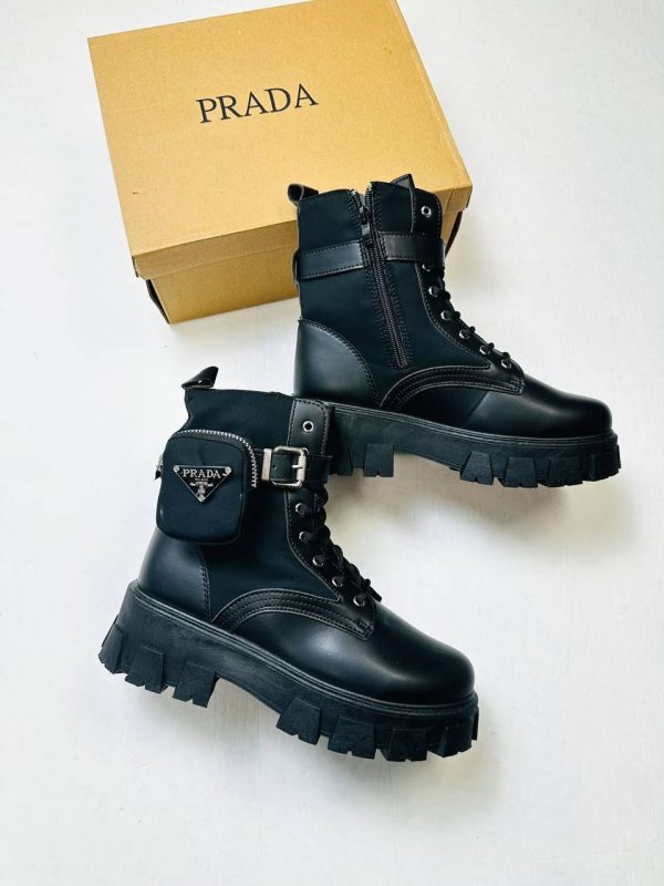 Prada Milano Leather Mono Combat Boots For Women's
