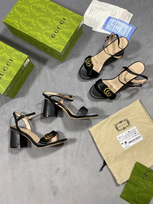 Gucci GG Women Marmont Mid Heel Leather Black Sandal