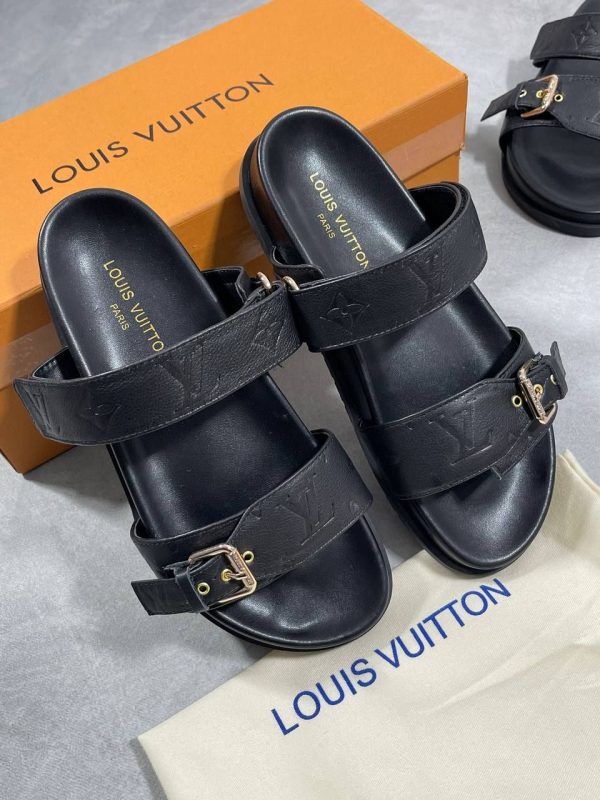 Louis Vuitton Women's Platform Bom Dia Comfort Flat Sliders in Black Colors