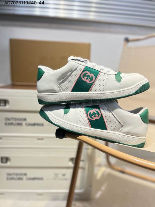 Gucci Screener Sneakers In White & Green Interlocking G logo