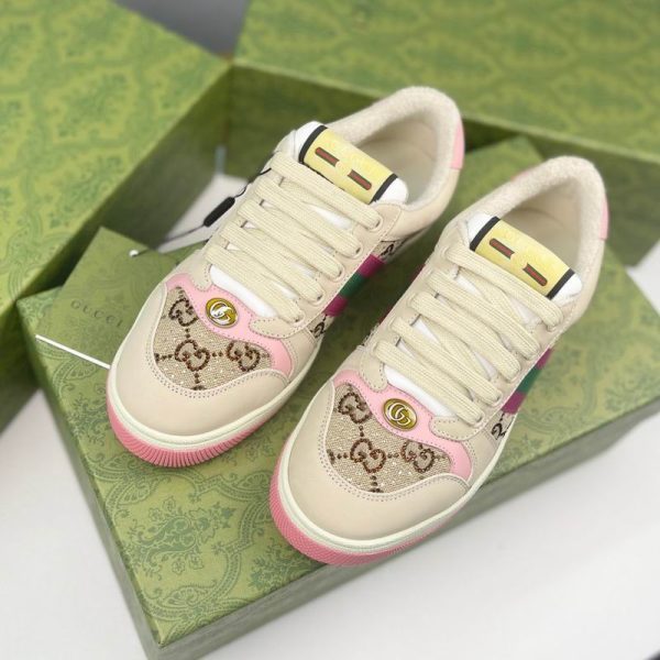Gucci GG Screener Sneakers With Iconic Pink & Green Web Stripe