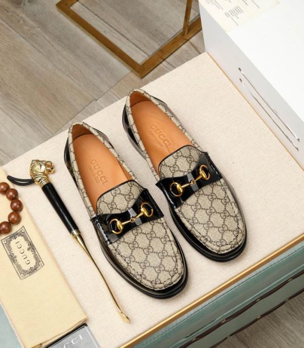 Gucci Horse Bit Loafers With Signature Beige & Ebony Monogrammed Canvas