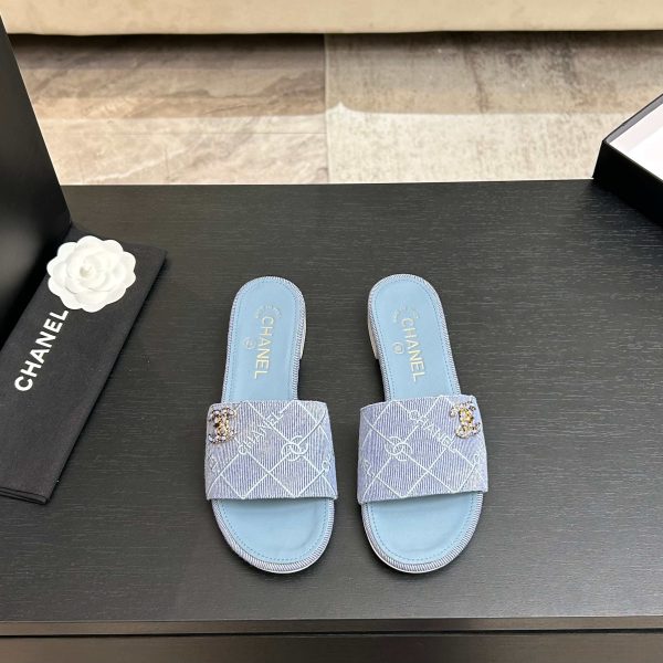 Chanel Blue Quilted CC Logo Flat Sliders