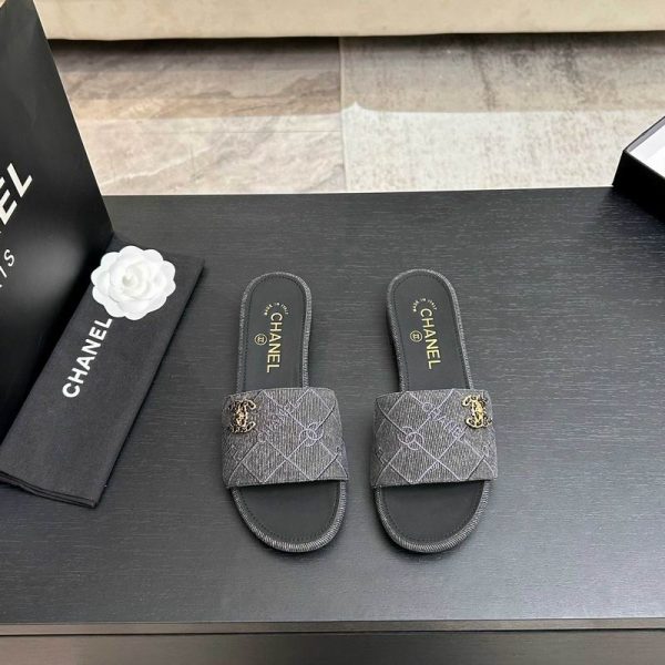 Chanel Grey Quilted CC Logo Flat Sliders
