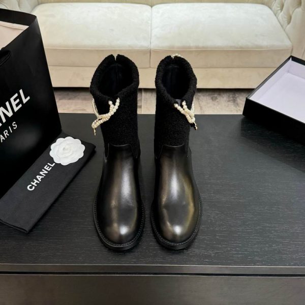 Chanel CC Pearl Chain Shearling Boots