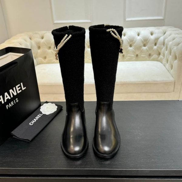 Chanel Black CC Pearl Chain Boots