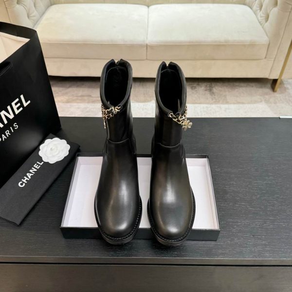 Chanel Leather Calfskin CC Chain Logo Clover Ankle Boots
