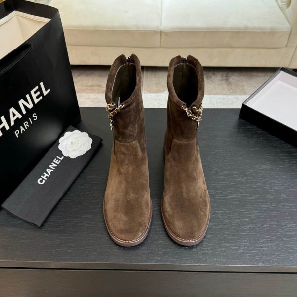 Chanel Women's Calfskin CC Chain Logo Clover Suede Ankle Boots