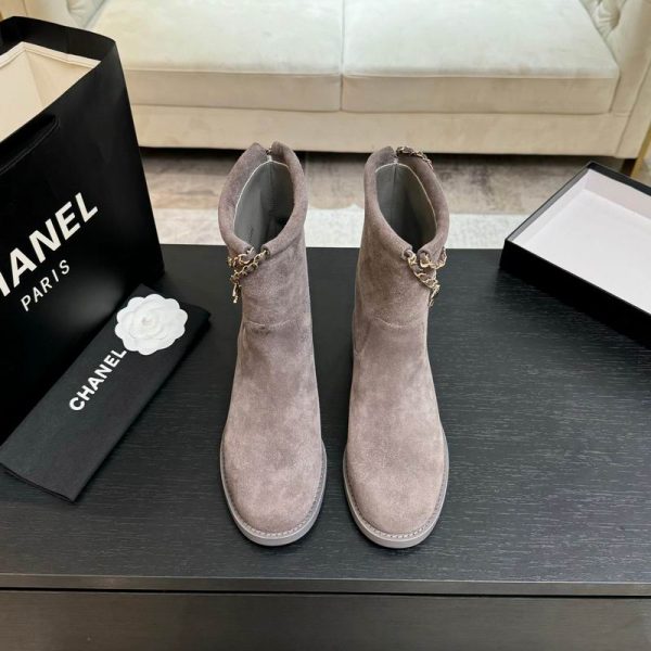 Chanel Calfskin CC Chain Logo Clover Suede Ankle Boots