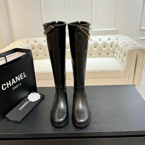 Chanel Leather Calfskin CC Chain Logo Clover Tall Boots