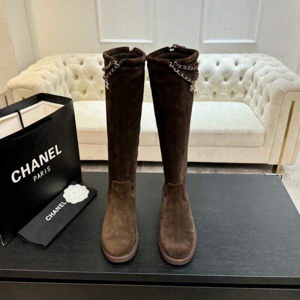 Chanel Women's Suede Calfskin CC Chain Logo Clover Tall Boots