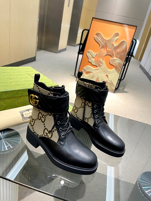 Gucci Lace Up Strap Boots With Bronze Toned Double G Hardware In 2 Colors
