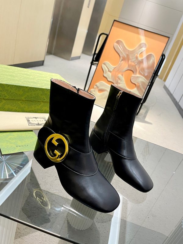 Gucci Ankle Boots With Gold Toned Interlocking G Logo & Block Heel