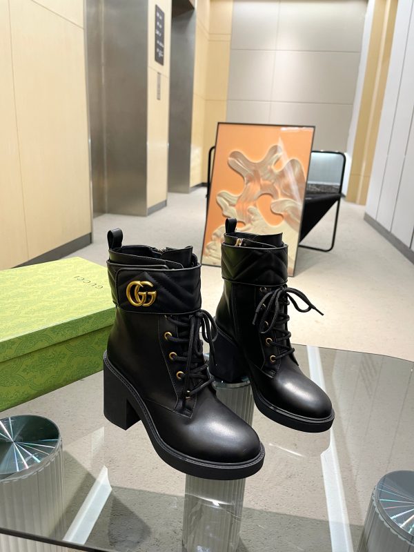 Gucci GG Marmont Combat Ankle Boots With Gold Tone Double G Hardware