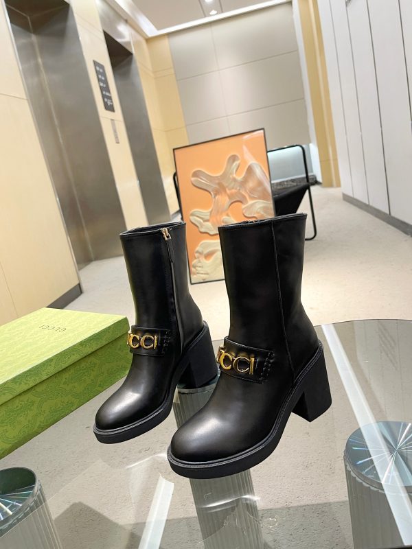 Gucci Heeled Ankle Boots With Gold Toned Logo Buckle
