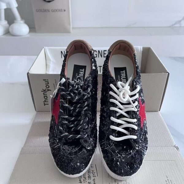 Golden Goose Men's Super Star Sneakers With Black Glitter & Red Star