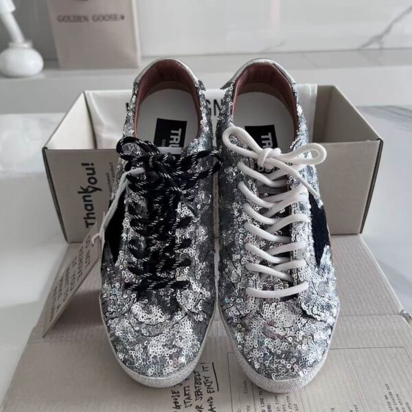 Golden Goose Women's True Star Sneakers With Silver Sequin Upper & Black Star