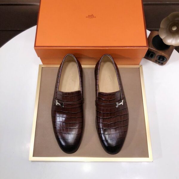 Hermes Paris Brown Crocodile Embossed Loafers With Silver H Buckle
