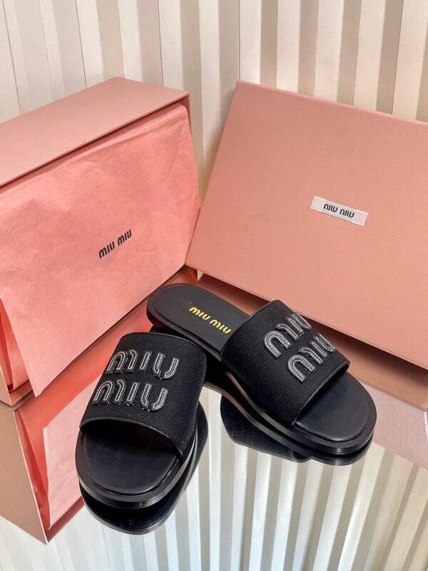 Miu Miu Black Ribbed Knit Logo Sliders