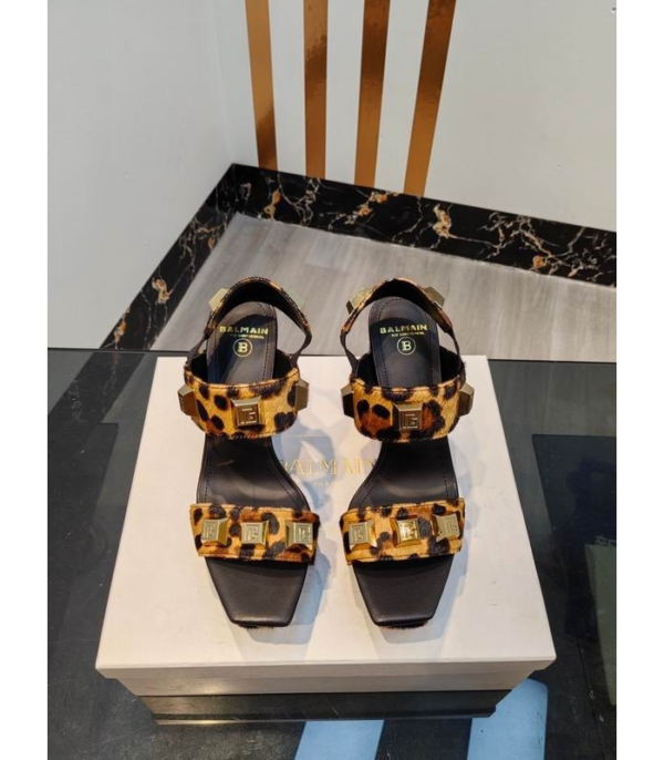 Balmain Ava Leopard Print Platform Chunky Heels With Signature Golden Monogram Studs In Different Colors