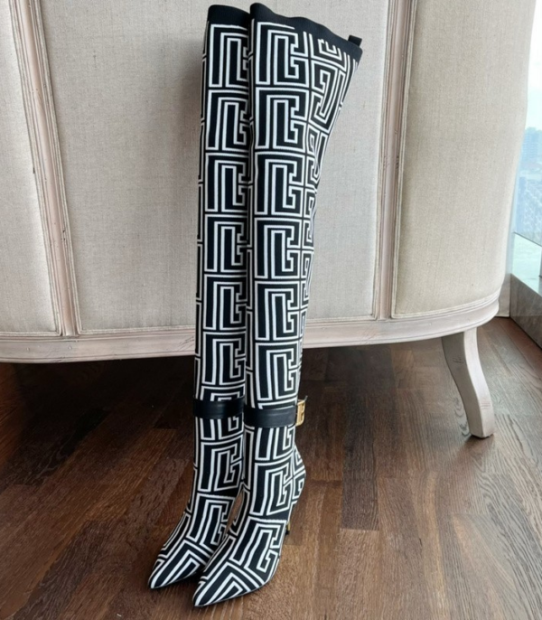 Balmain Raven Monogram Thigh High Boots With Black & White Geometric Pattern