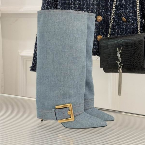 Balmain Anthem Denim Boots With Large Gold Toned Buckle On A Denim Strap