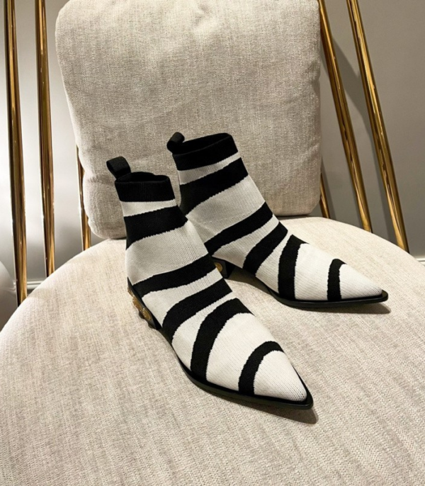 Balmain Black & White Striped Knit Design Ankle Boots
