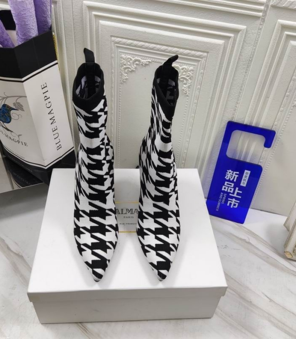 Balmain Skye Ankle Boots With Houndstooth Stretch Knit Pattern & Stiletto Heel