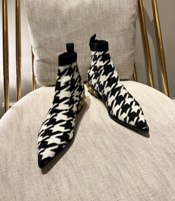 Balmain Black & White Houndstooth Boots With Gold Studs On The Heel