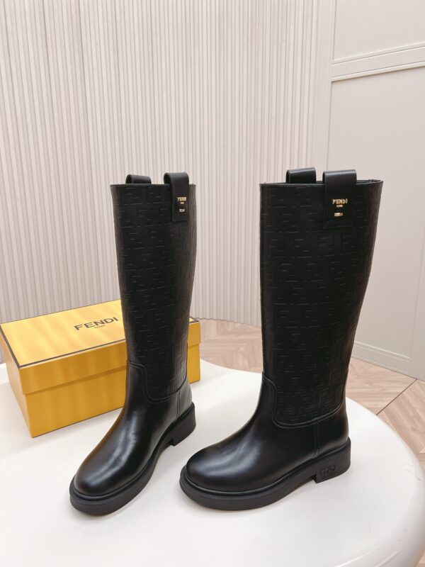 Fendi Filo Black Embossed FF Logo Motif Knee High Leather Boots