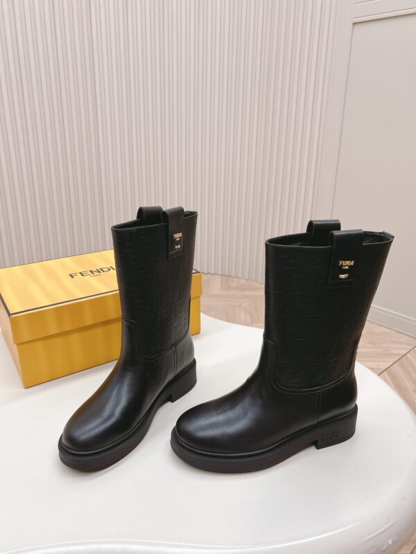 Fendi Filo Black Embossed FF Logo Motif Leather Boots