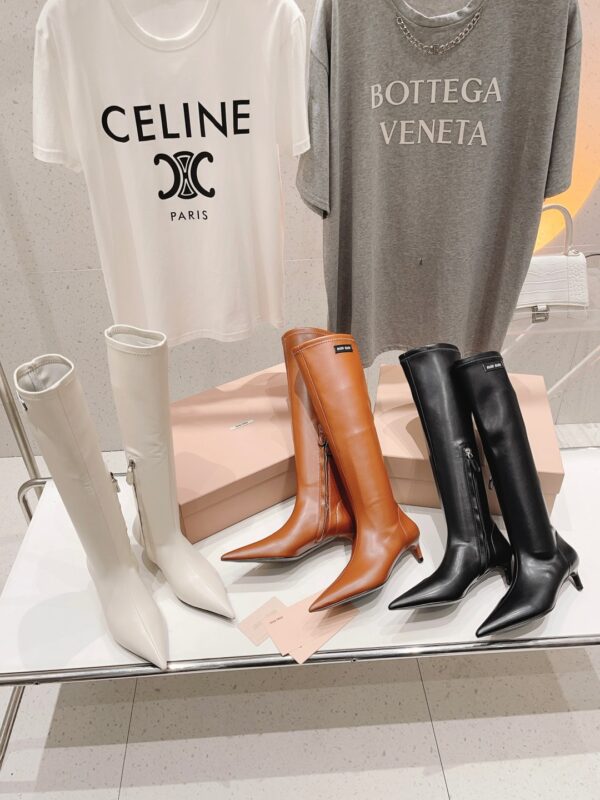 Miu Miu Plume Leather Pointed Toe Knee High Boots In Different Colors