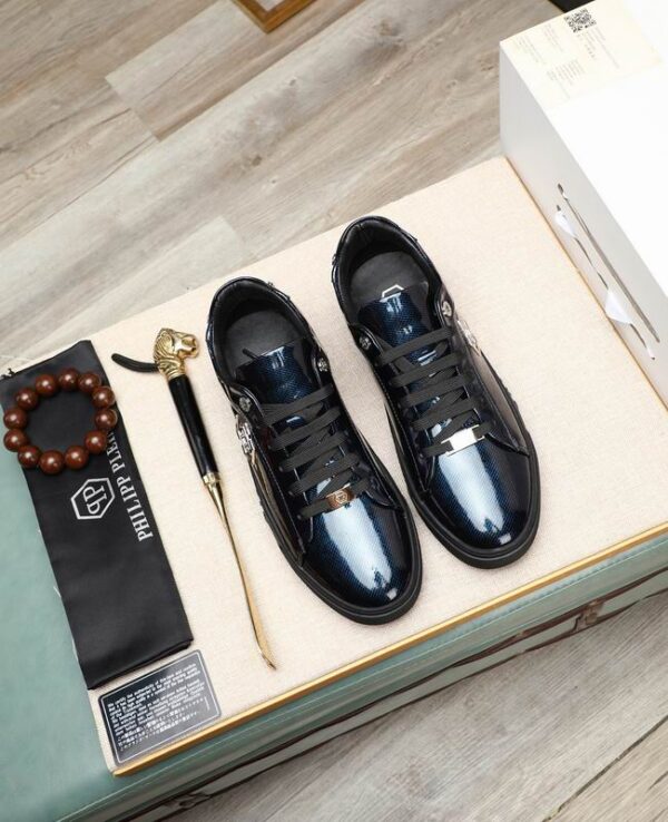 Philipp Plein Glossy Patent Sneakers With Prominent Metal Logo Plaque In 2 Colors