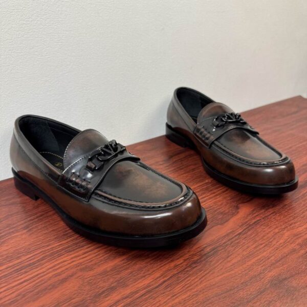 Valentino Garavani Dark Brown V Logo Chain Patina Leather Loafers