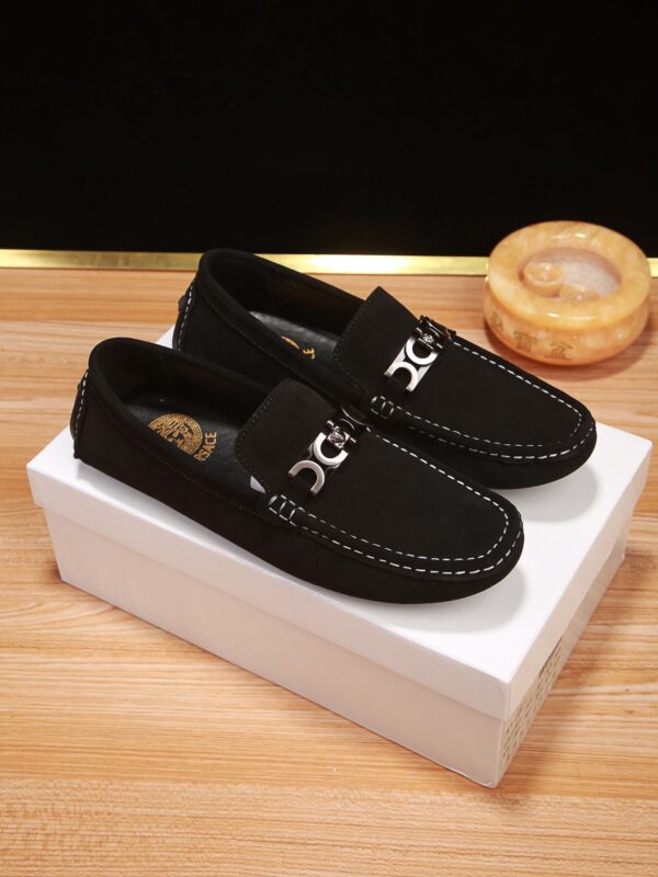 Versace Black Medusa Plate Suede Driving Loafers with Contrast Stitching
