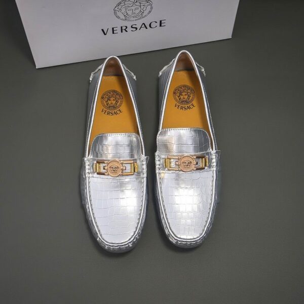 Versace La Medusa Driver Silver Crocodile Embossed Gold Hardware Loafers