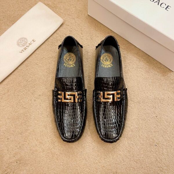 Versace Men's Black & Gold Greca Croc Effect Driver Loafers