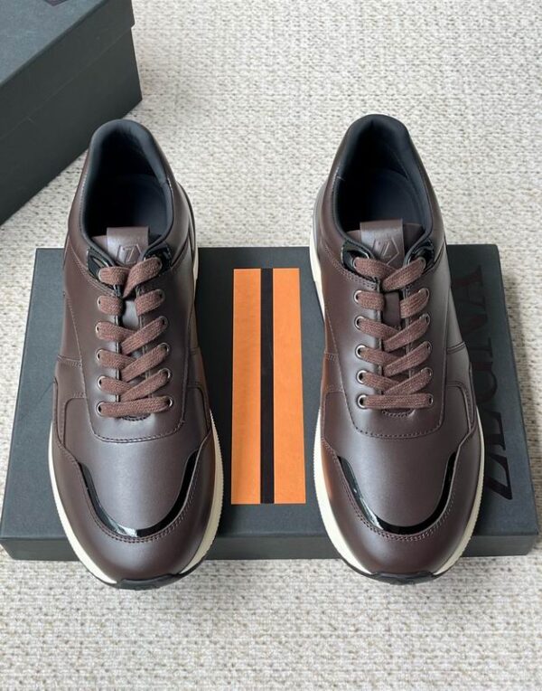 Zegna Sleek Dark Brown Sneakers With Contrast Patent Details