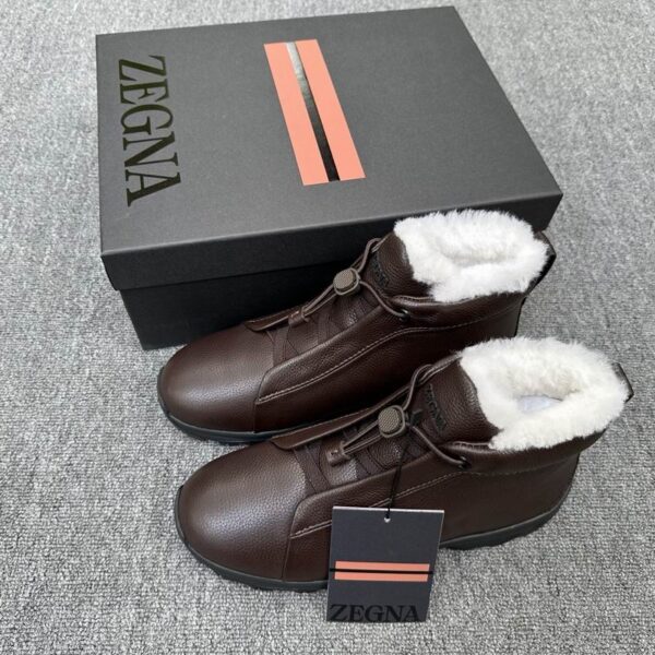 Zegna Vetta Triple Stitch High Top Boots In Dark Brown With White Shearling Lining