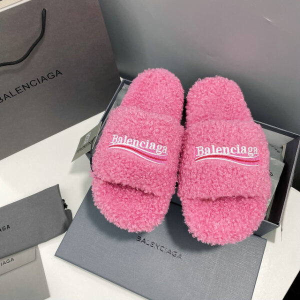 Balenciaga Women's Furry Sliders With Faux Shearling & Embroidered Logo In Multiple Colors