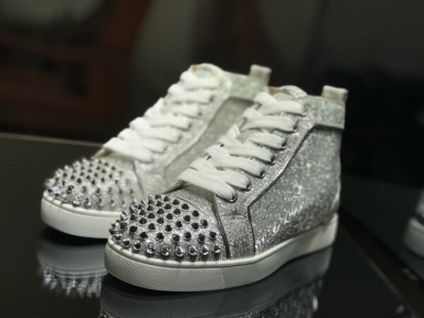Christian Louboutin Silver Lou Spikes Glittered Leather High Top Sneakers