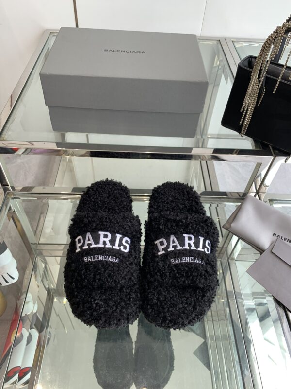 Balenciaga Cities Paris Furry Sliders In Multiple Colors