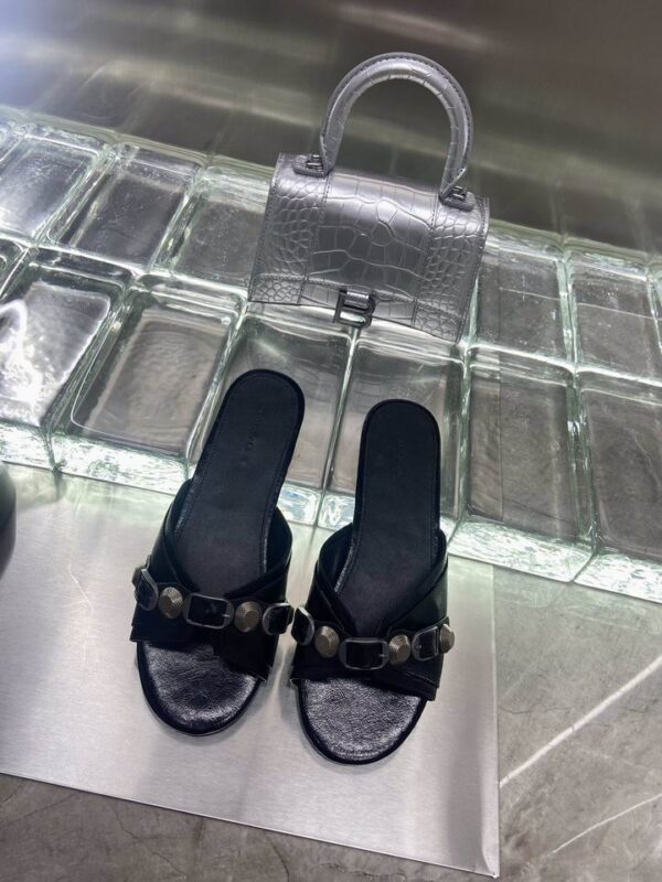 Balenciaga Cagole Sliders With Gunmetal Stud & Buckle Details In Different Colors