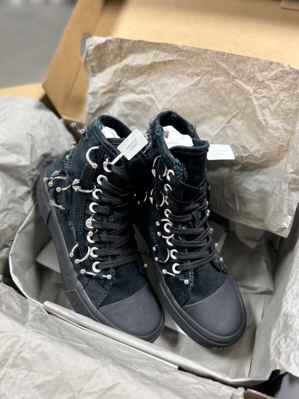 Balenciaga Paris Women's High Top Sneakers With Silver Tone Piercings Throughout The Black Canvas