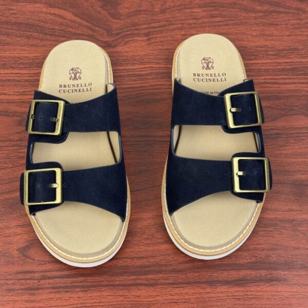 Brunello Cucinelli Navy Blue Double Strap Suede Sandals