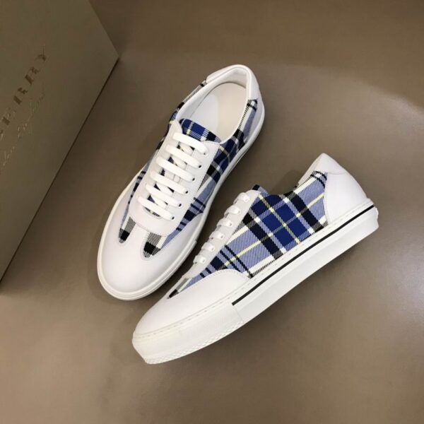 Burberry Blue Plaid Check Canvas & White Leather Low Top Sneakers