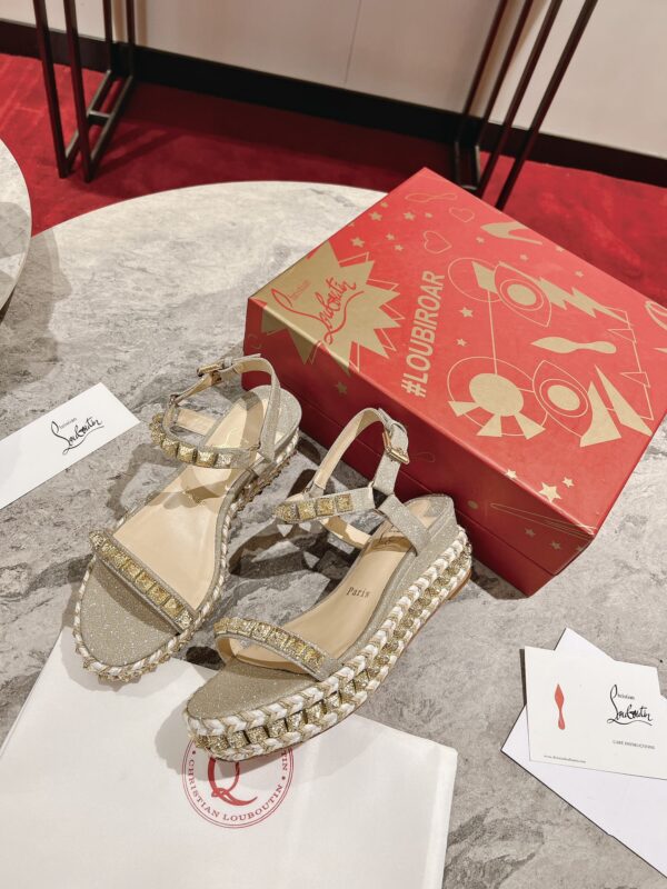 Christian Louboutin Pyraclou Gold Glitter Wedge Sandals