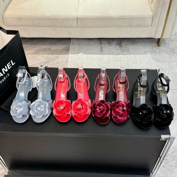 Chanel Interlocking CC Velvet Camellia Ankle Strap Sandals In Different Colors
