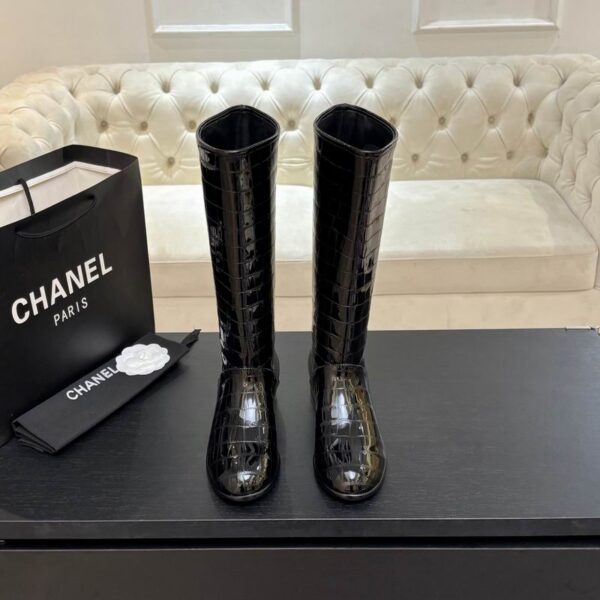 Chanel Black Croc Embossed Patent Shaft Knee High Boots